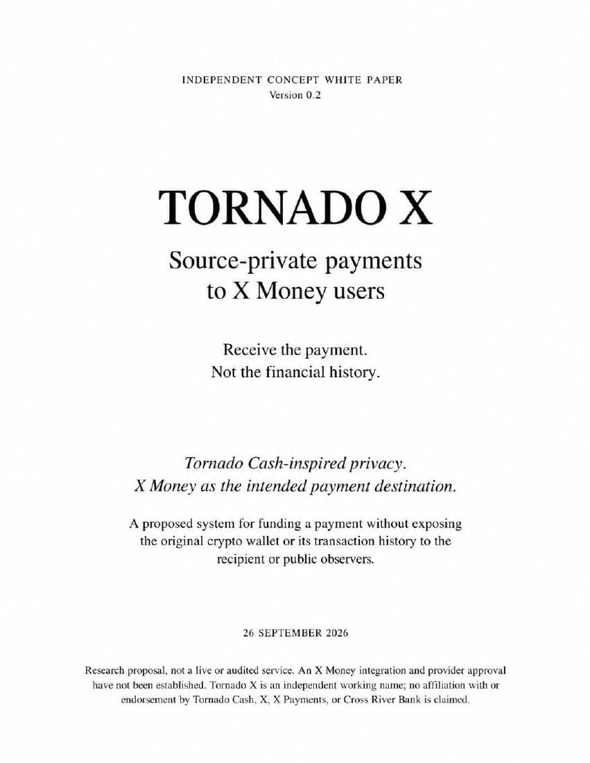 Tornado X white paper cover: Source-private payments to X Money users, version 0.2